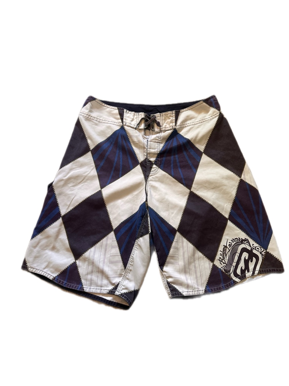 Billabong vintage Men's White, Navy & Black Diamond-Print Swim Trunks
